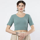 Stay On Trend: Latest Fashion Readymade Blouses for Women,round neckline ,adorned with hand dyed crochet lace on sleeves.32008 