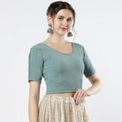 Stay On Trend: Latest Fashion Readymade Blouses for Women,round neckline ,adorned with hand dyed crochet lace on sleeves.32008 