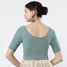 Stay On Trend: Latest Fashion Readymade Blouses for Women,round neckline ,adorned with hand dyed crochet lace on sleeves.32008 