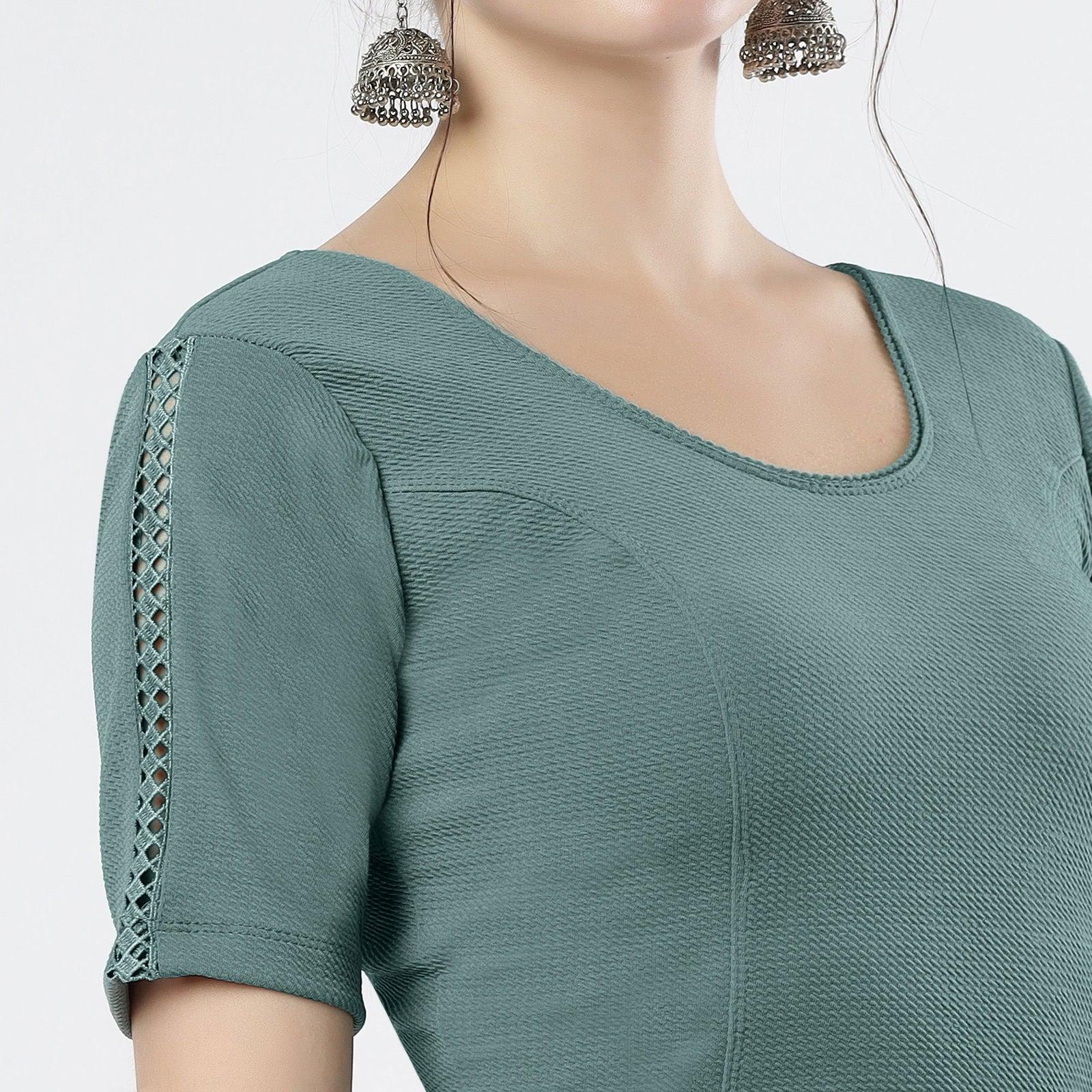 Stay On Trend: Latest Fashion Readymade Blouses for Women,round neckline ,adorned with hand dyed crochet lace on sleeves.32008 