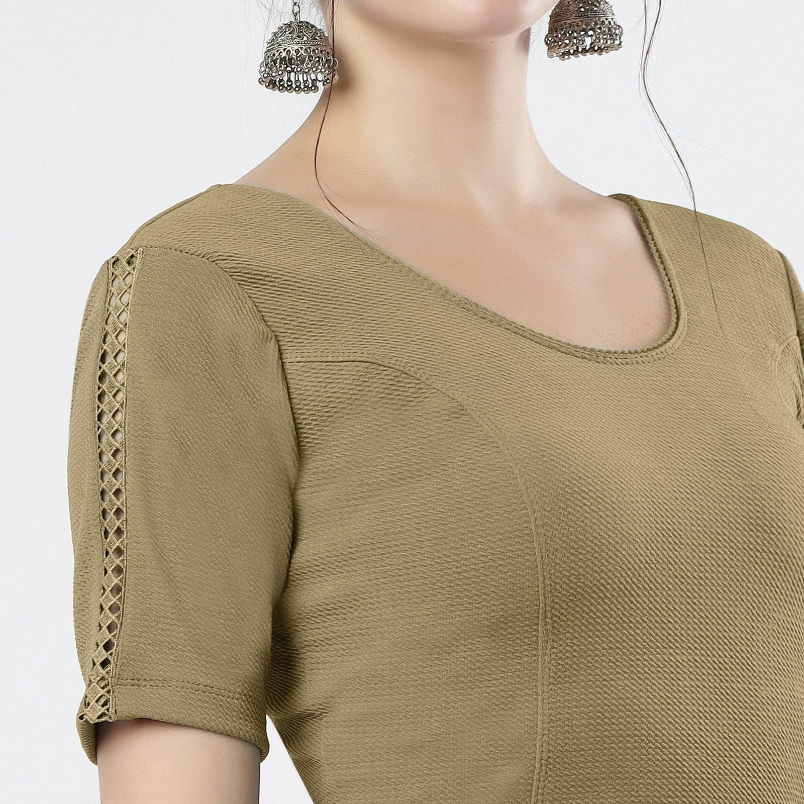 Stay On Trend: Latest Fashion Readymade Blouses for Women,round neckline ,adorned with hand dyed crochet lace on sleeves.32008 