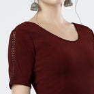 Stay On Trend: Latest Fashion Readymade Blouses for Women,round neckline ,adorned with hand dyed crochet lace on sleeves.32008 