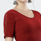 Stay On Trend: Latest Fashion Readymade Blouses for Women,round neckline ,adorned with hand dyed crochet lace on sleeves.32008 