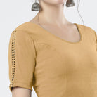Stay On Trend: Latest Fashion Readymade Blouses for Women,round neckline ,adorned with hand dyed crochet lace on sleeves.32008 