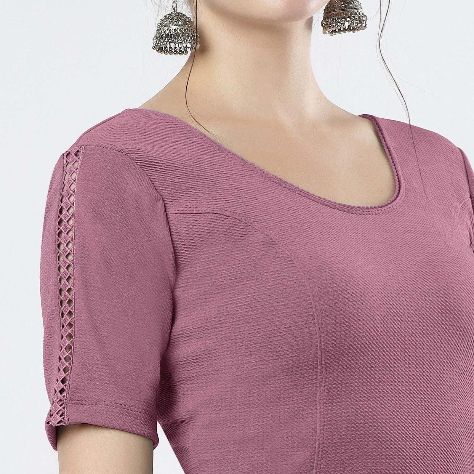 Stay On Trend: Latest Fashion Readymade Blouses for Women,round neckline ,adorned with hand dyed crochet lace on sleeves.32008 