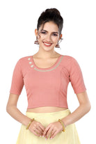 Stay On Trend: Latest Fashion Readymade Blouses for Women,round neckline adorned with lace and hand embroidered flowers patch details.32017 