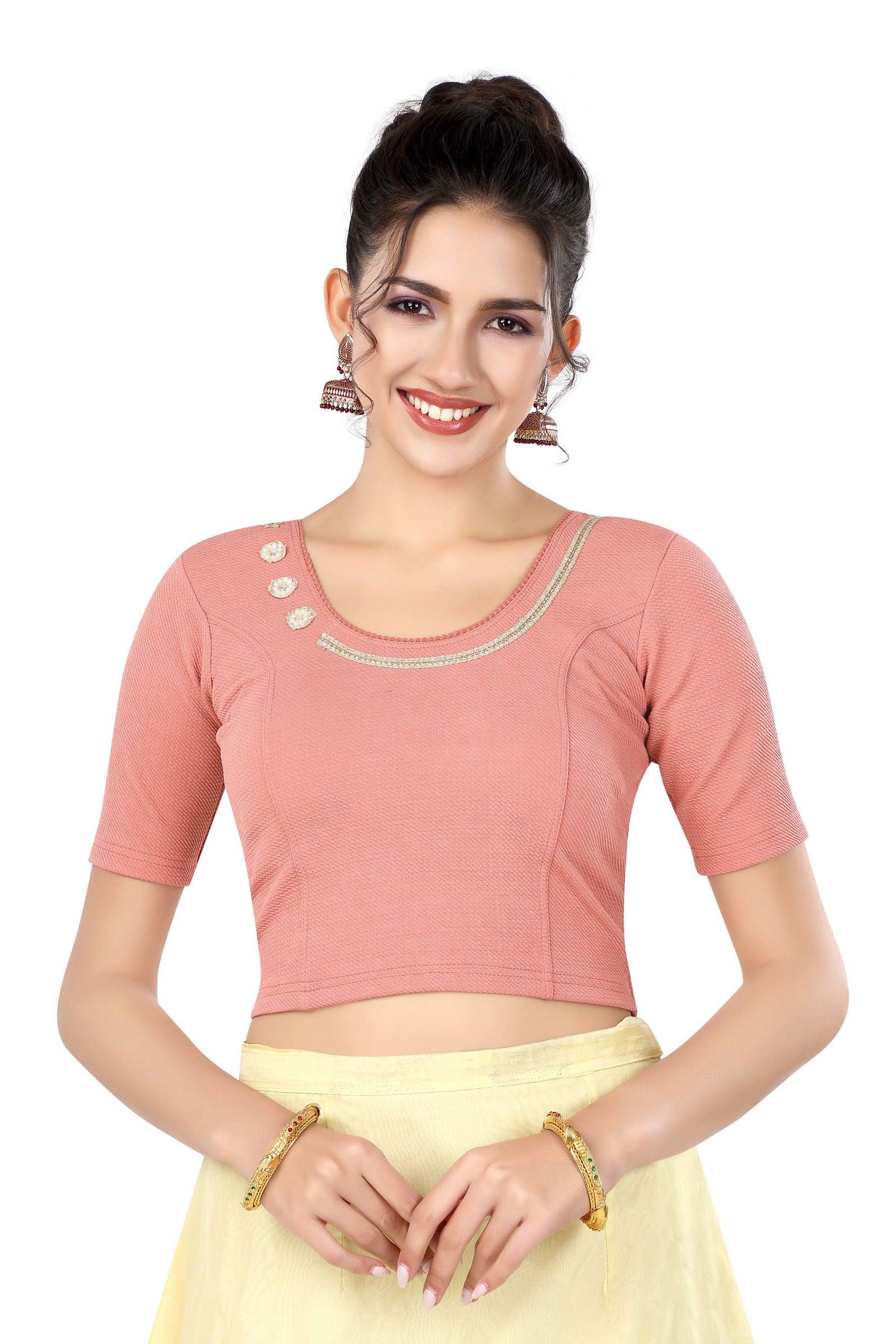 Stay On Trend: Latest Fashion Readymade Blouses for Women,round neckline adorned with lace and hand embroidered flowers patch details.32017 