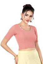 Stay On Trend: Latest Fashion Readymade Blouses for Women,round neckline adorned with lace and hand embroidered flowers patch details.32017 
