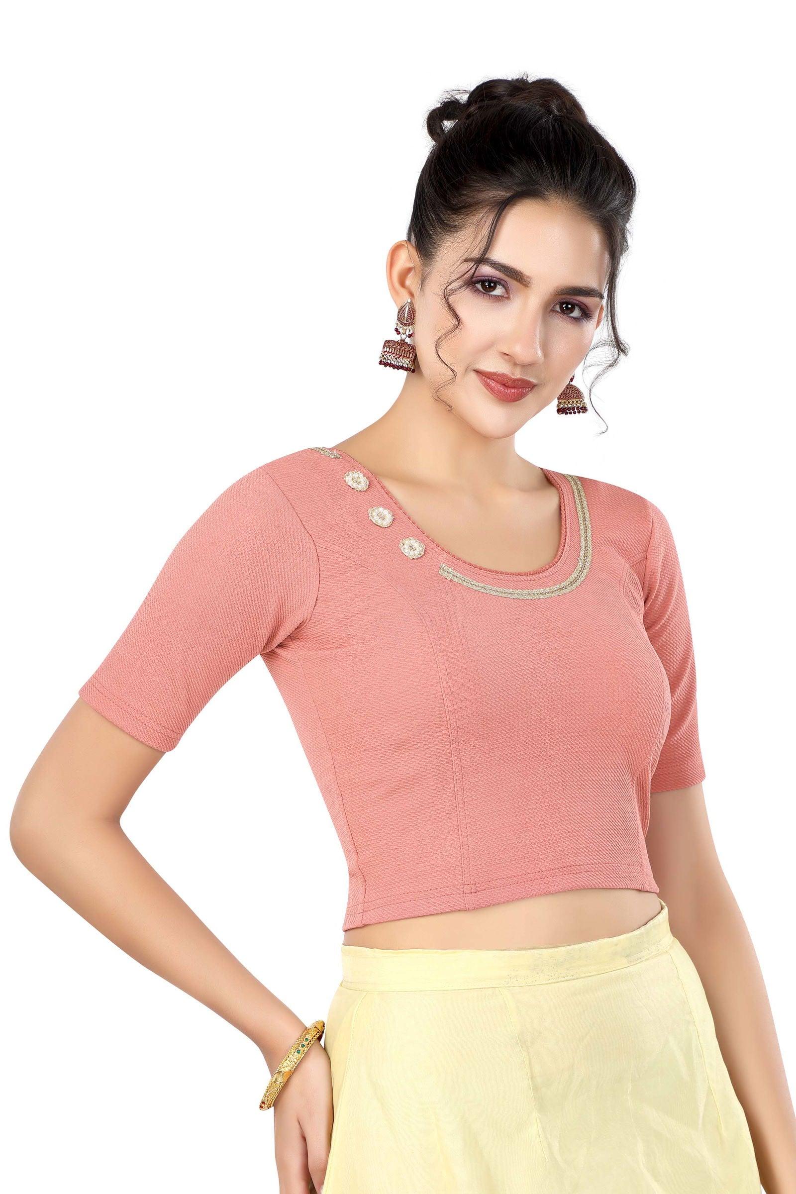 Stay On Trend: Latest Fashion Readymade Blouses for Women,round neckline adorned with lace and hand embroidered flowers patch details.32017 