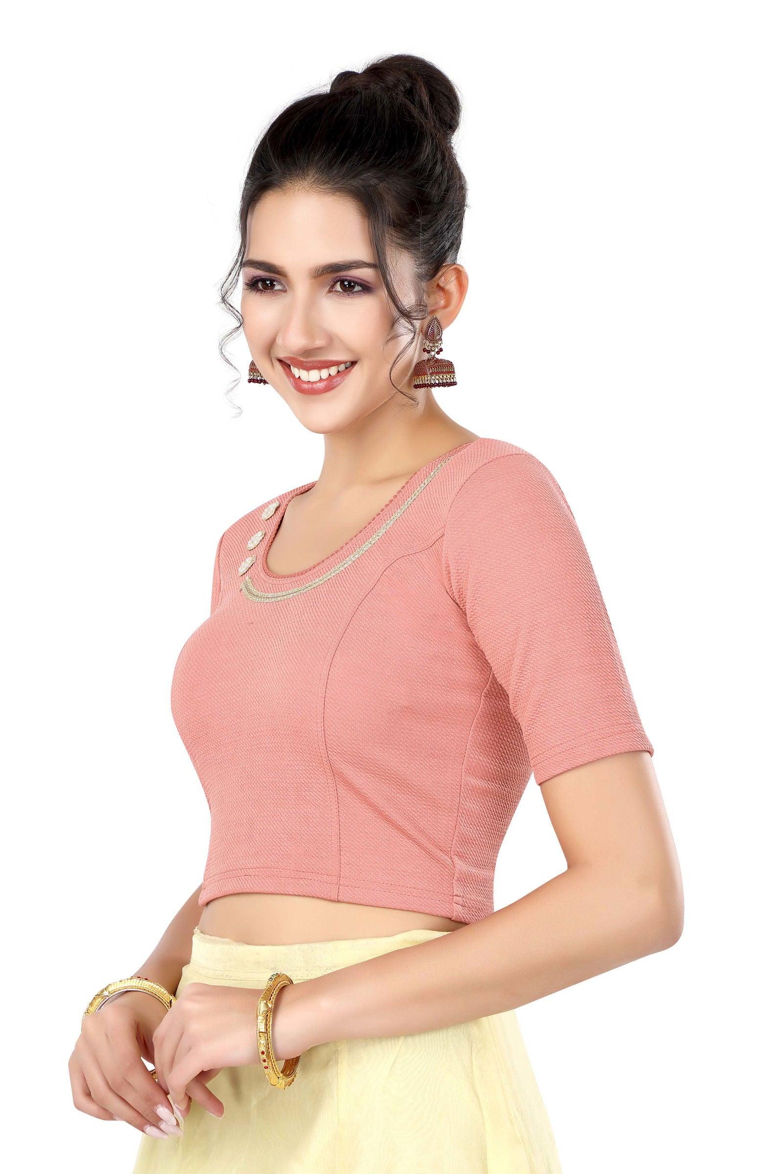 Stay On Trend: Latest Fashion Readymade Blouses for Women,round neckline adorned with lace and hand embroidered flowers patch details.32017 