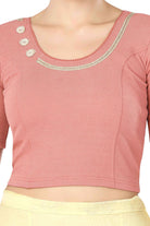 Stay On Trend: Latest Fashion Readymade Blouses for Women,round neckline adorned with lace and hand embroidered flowers patch details.32017 