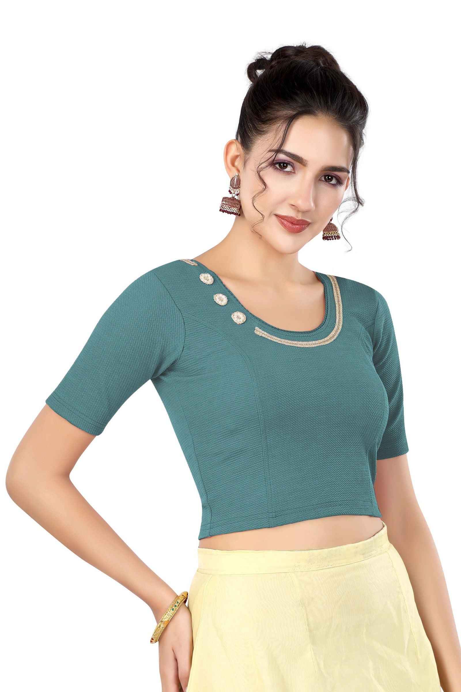 Stay On Trend: Latest Fashion Readymade Blouses for Women,round neckline adorned with lace and hand embroidered flowers patch details.32017 