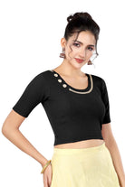 Stay On Trend: Latest Fashion Readymade Blouses for Women,round neckline adorned with lace and hand embroidered flowers patch details.32017 