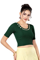 Stay On Trend: Latest Fashion Readymade Blouses for Women,round neckline adorned with lace and hand embroidered flowers patch details.32017 