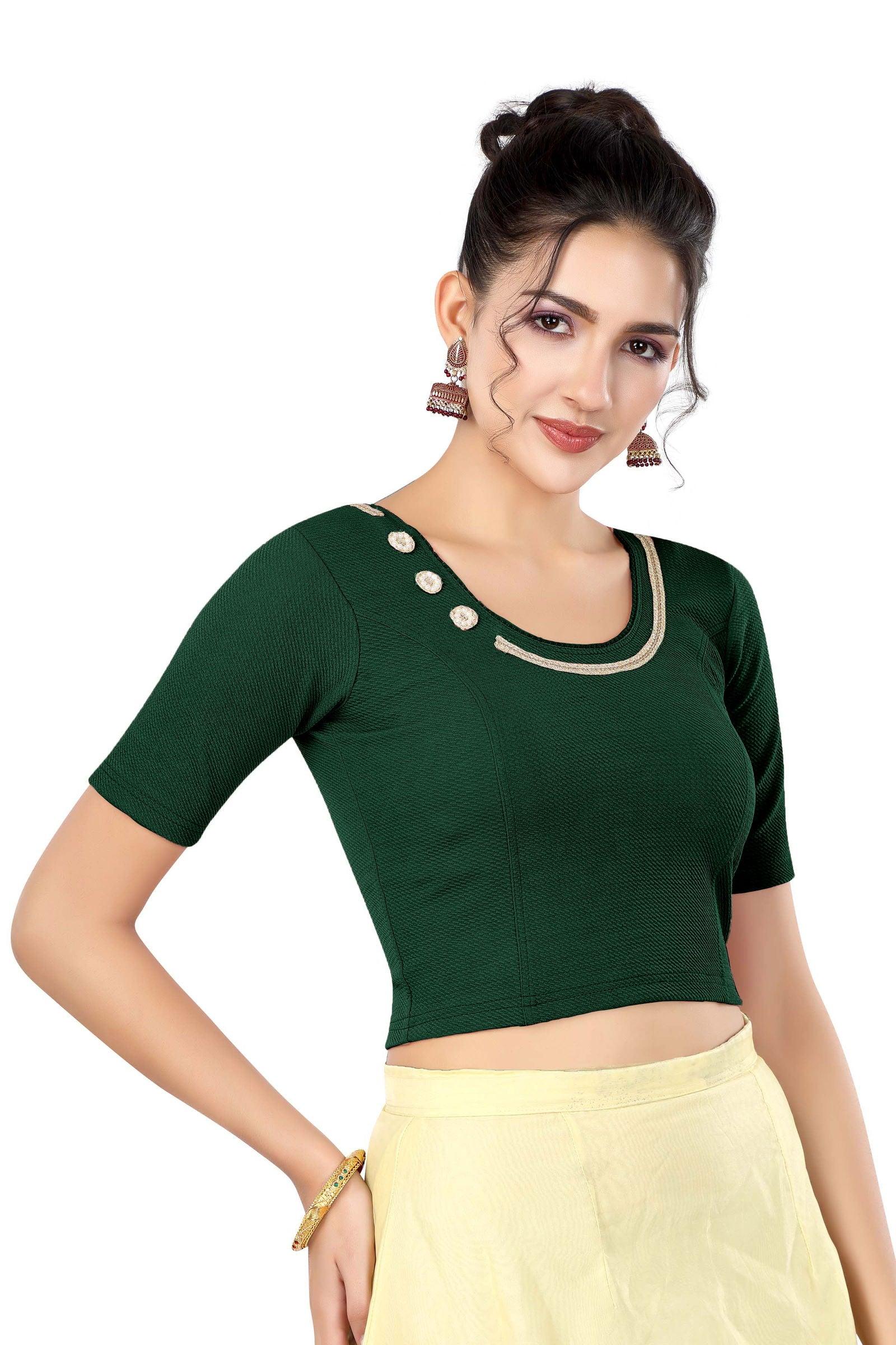 Stay On Trend: Latest Fashion Readymade Blouses for Women,round neckline adorned with lace and hand embroidered flowers patch details.32017 