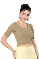 Stay On Trend: Latest Fashion Readymade Blouses for Women,round neckline adorned with lace and hand embroidered flowers patch details.32017 