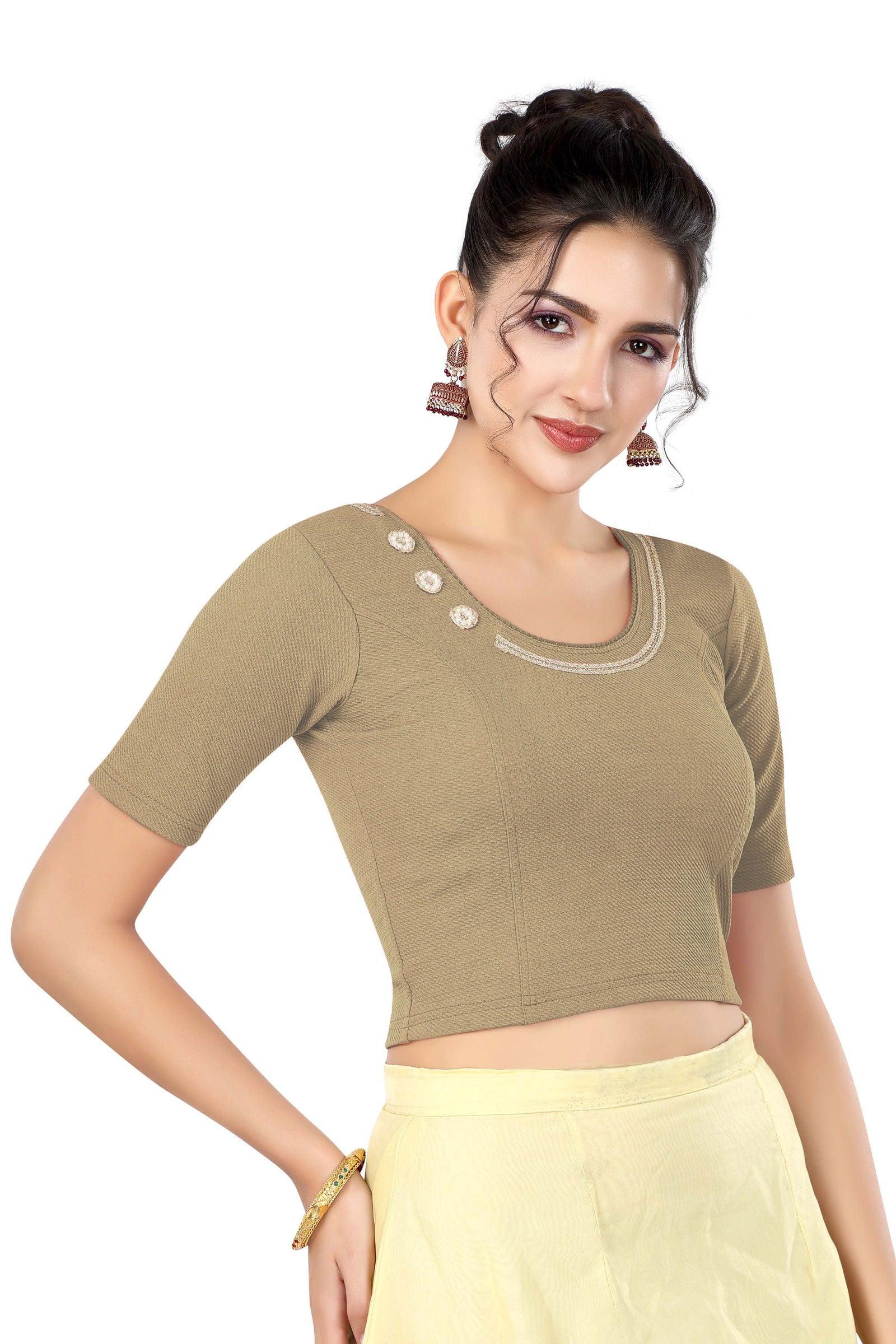 Stay On Trend: Latest Fashion Readymade Blouses for Women,round neckline adorned with lace and hand embroidered flowers patch details.32017 