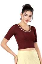 Stay On Trend: Latest Fashion Readymade Blouses for Women,round neckline adorned with lace and hand embroidered flowers patch details.32017 