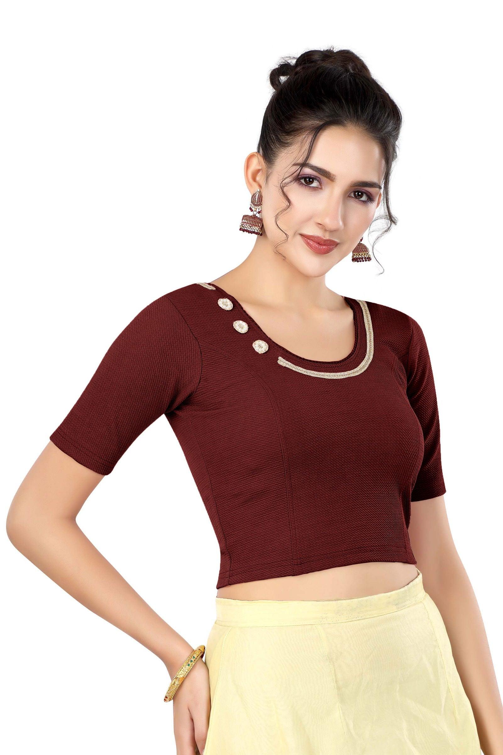 Stay On Trend: Latest Fashion Readymade Blouses for Women,round neckline adorned with lace and hand embroidered flowers patch details.32017 