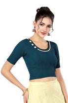 Stay On Trend: Latest Fashion Readymade Blouses for Women,round neckline adorned with lace and hand embroidered flowers patch details.32017 