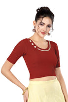 Stay On Trend: Latest Fashion Readymade Blouses for Women,round neckline adorned with lace and hand embroidered flowers patch details.32017 
