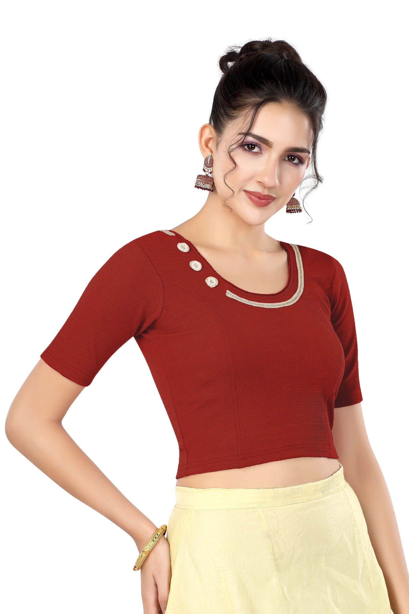 Stay On Trend: Latest Fashion Readymade Blouses for Women,round neckline adorned with lace and hand embroidered flowers patch details.32017 
