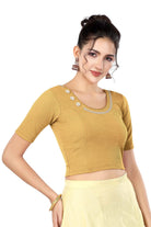 Stay On Trend: Latest Fashion Readymade Blouses for Women,round neckline adorned with lace and hand embroidered flowers patch details.32017 