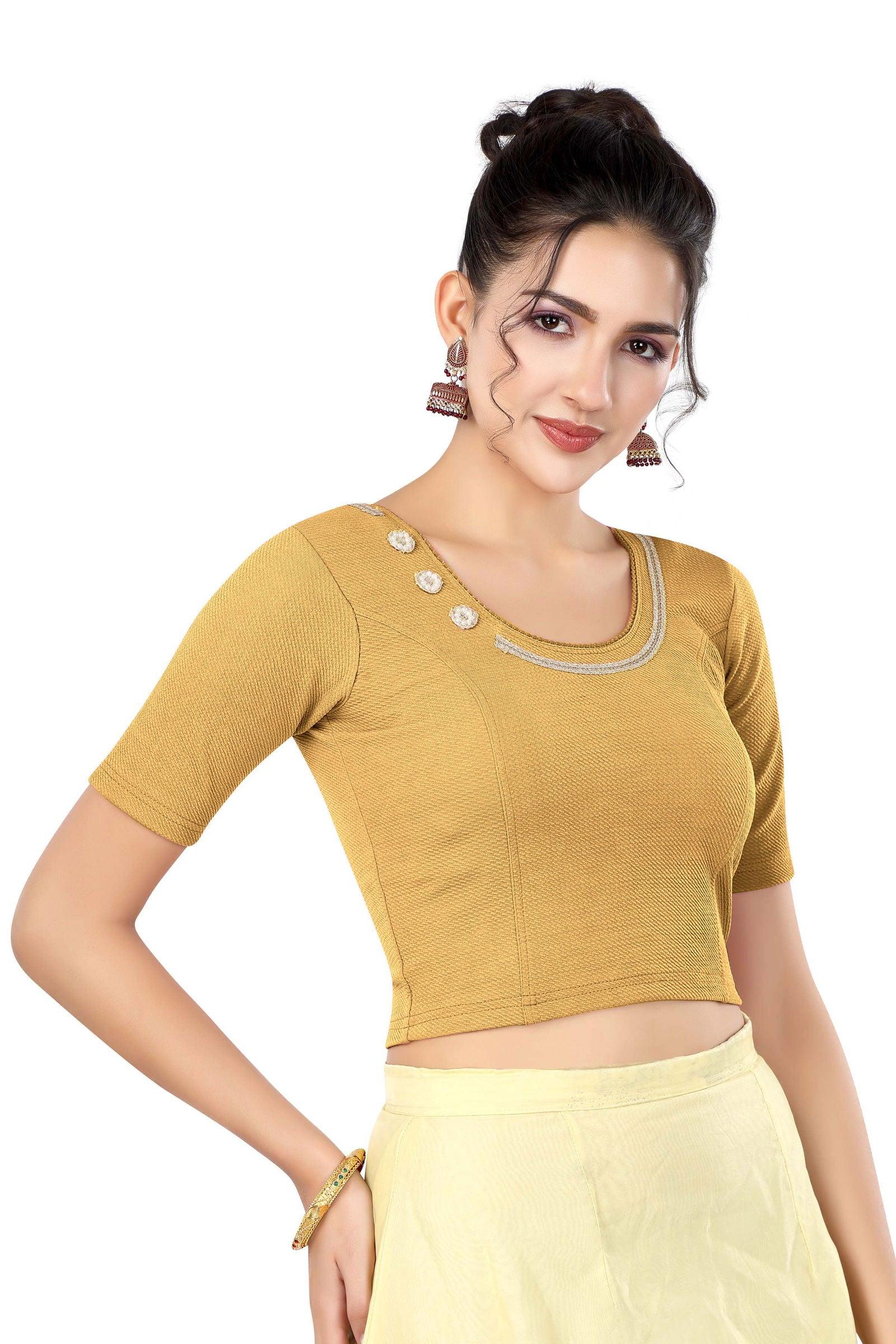 Stay On Trend: Latest Fashion Readymade Blouses for Women,round neckline adorned with lace and hand embroidered flowers patch details.32017 