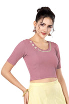 Stay On Trend: Latest Fashion Readymade Blouses for Women,round neckline adorned with lace and hand embroidered flowers patch details.32017 