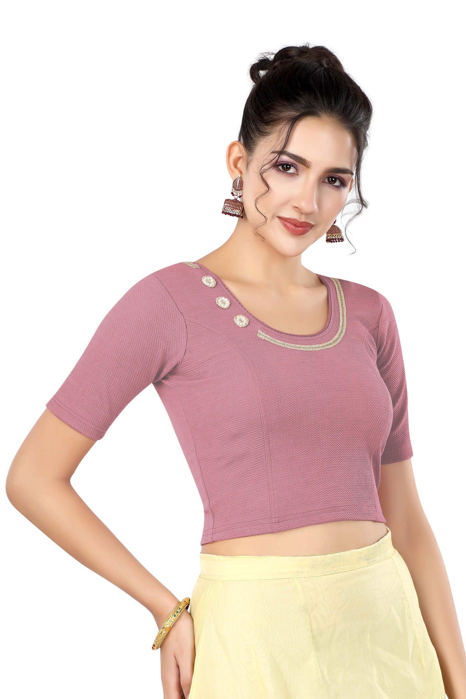 Stay On Trend: Latest Fashion Readymade Blouses for Women,round neckline adorned with lace and hand embroidered flowers patch details.32017 