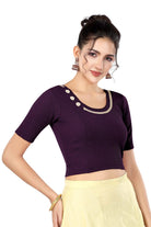 Stay On Trend: Latest Fashion Readymade Blouses for Women,round neckline adorned with lace and hand embroidered flowers patch details.32017 