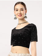 Stay On Trend: Latest Fashion Readymade Blouses for Women,round neckline,elbow sleeves covered all over in swarovski stones in designs.16045 