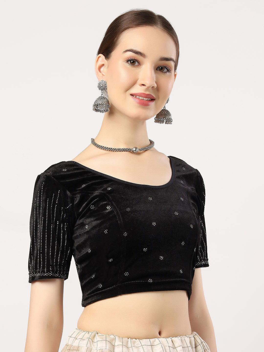 Stay On Trend: Latest Fashion Readymade Blouses for Women,round neckline,elbow sleeves covered all over in swarovski stones in designs.16045 