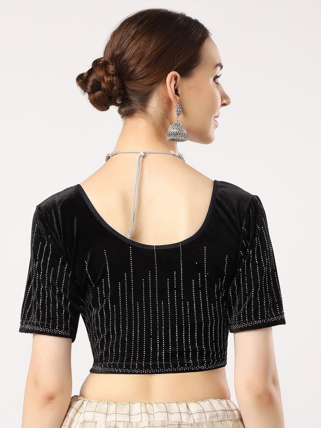 Stay On Trend: Latest Fashion Readymade Blouses for Women,round neckline,elbow sleeves covered all over in swarovski stones in designs.16045 