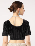 Stay On Trend: Latest Fashion Readymade Blouses for Women,round neckline,elbow sleeves covered all over in swarovski stones in designs.16045 