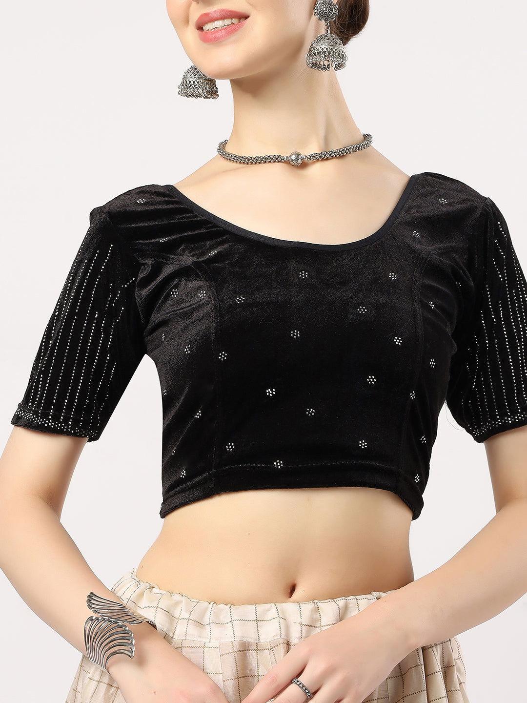 Stay On Trend: Latest Fashion Readymade Blouses for Women,round neckline,elbow sleeves covered all over in swarovski stones in designs.16045 
