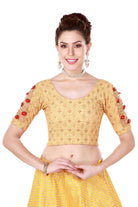 Stay On Trend: Latest Fashion Readymade Blouses for Women,round neckline,elbow sleeves with organza centre and adorned with flowers and pearls encrusted on it for an extra effect.22001 
