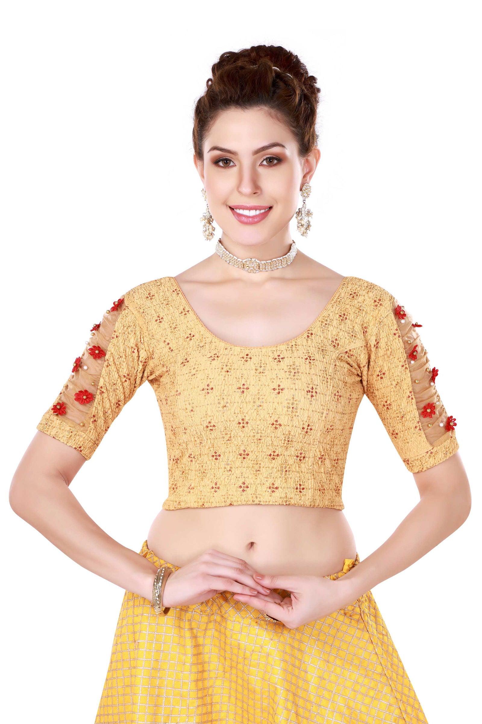 Stay On Trend: Latest Fashion Readymade Blouses for Women,round neckline,elbow sleeves with organza centre and adorned with flowers and pearls encrusted on it for an extra effect.22001 