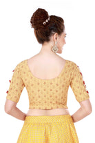 Stay On Trend: Latest Fashion Readymade Blouses for Women,round neckline,elbow sleeves with organza centre and adorned with flowers and pearls encrusted on it for an extra effect.22001 