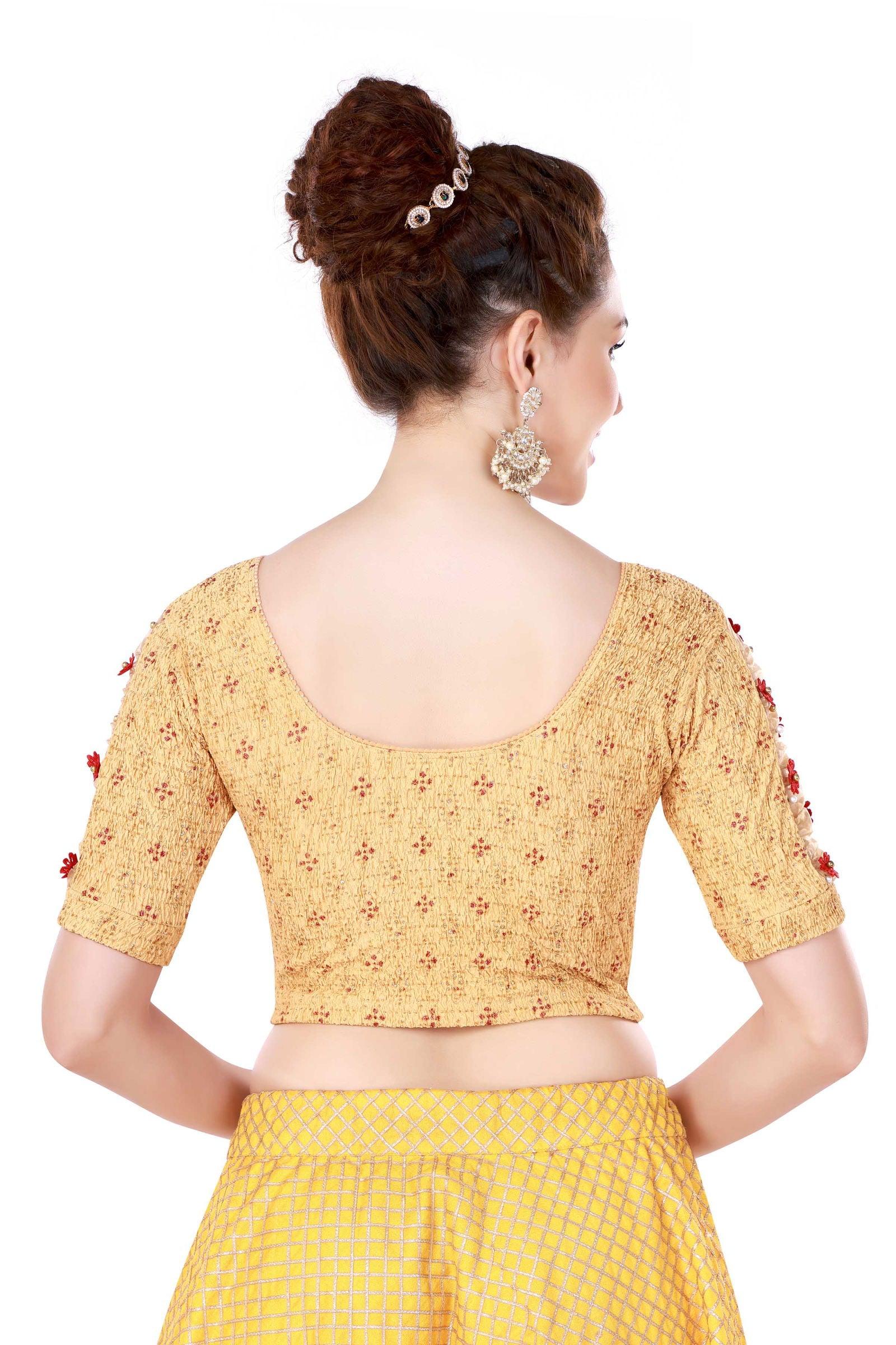 Stay On Trend: Latest Fashion Readymade Blouses for Women,round neckline,elbow sleeves with organza centre and adorned with flowers and pearls encrusted on it for an extra effect.22001 