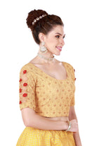 Stay On Trend: Latest Fashion Readymade Blouses for Women,round neckline,elbow sleeves with organza centre and adorned with flowers and pearls encrusted on it for an extra effect.22001 