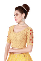 Stay On Trend: Latest Fashion Readymade Blouses for Women,round neckline,elbow sleeves with organza centre and adorned with flowers and pearls encrusted on it for an extra effect.22001 