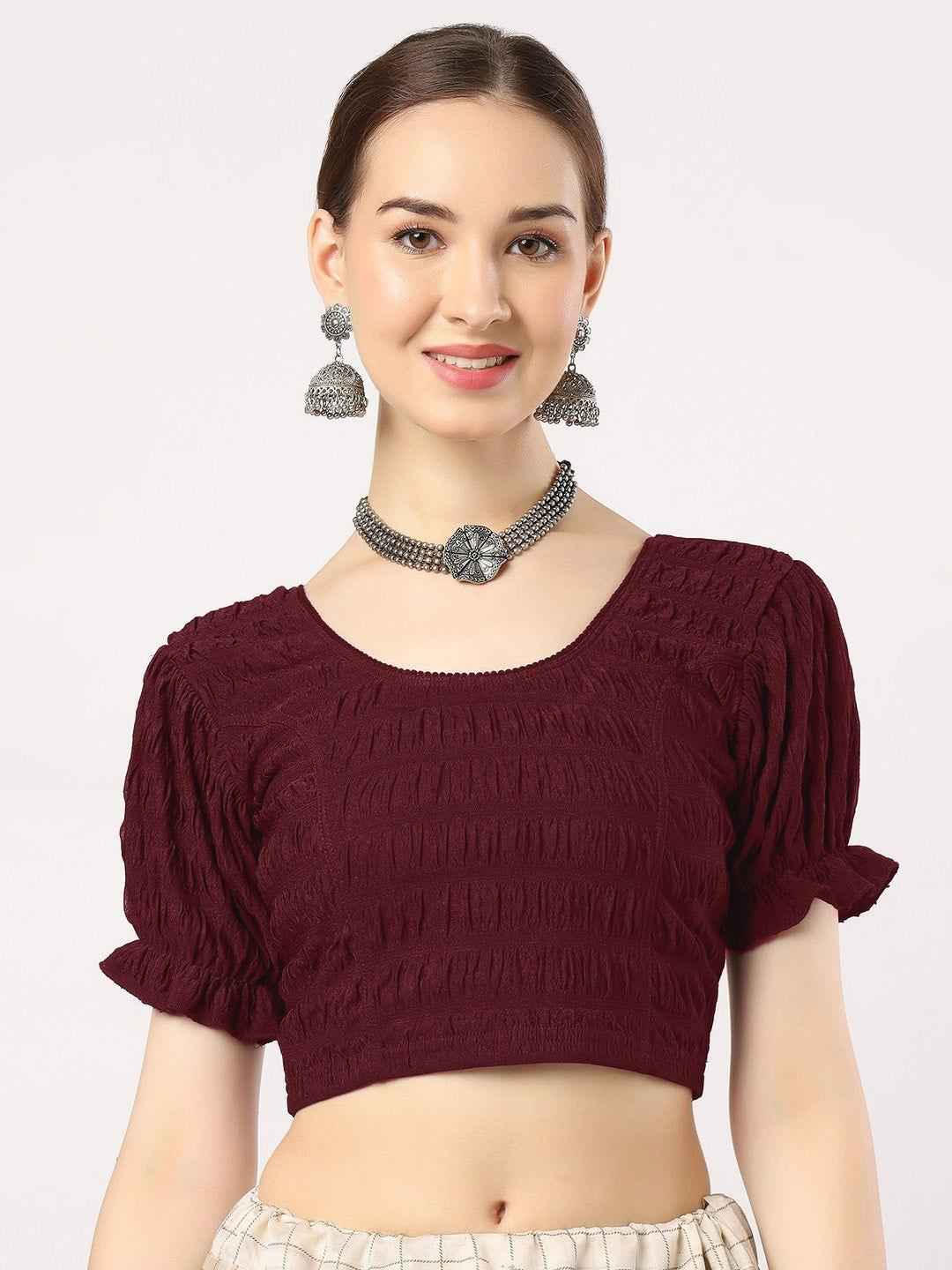 Stay On Trend with FinestFit Readymade Balloon Sleeves Blouse for Women - Round Neckline, Fabric Balloon Sleeves - 18001