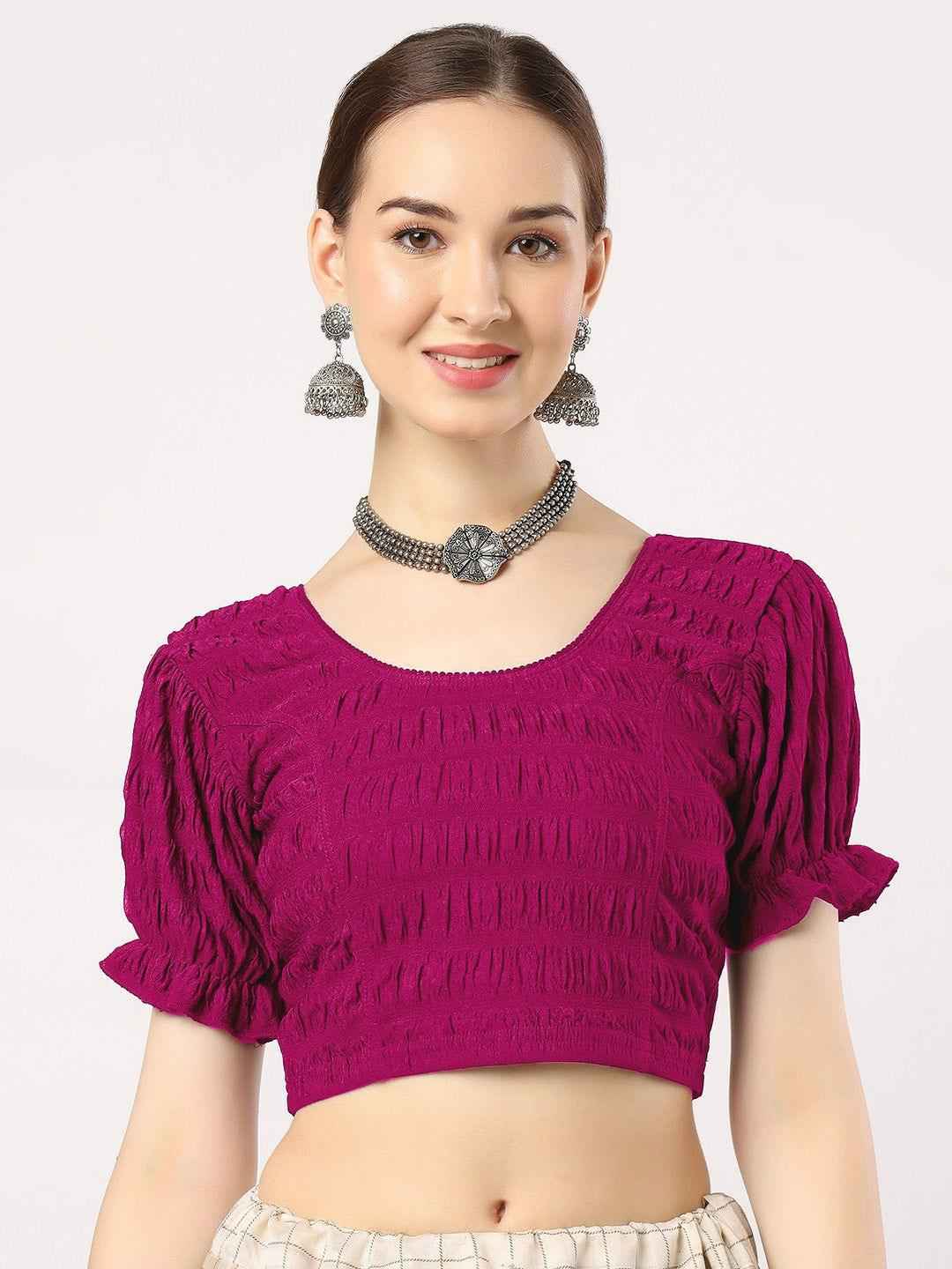 Stay On Trend with FinestFit Readymade Balloon Sleeves Blouse for Women - Round Neckline, Fabric Balloon Sleeves - 18001