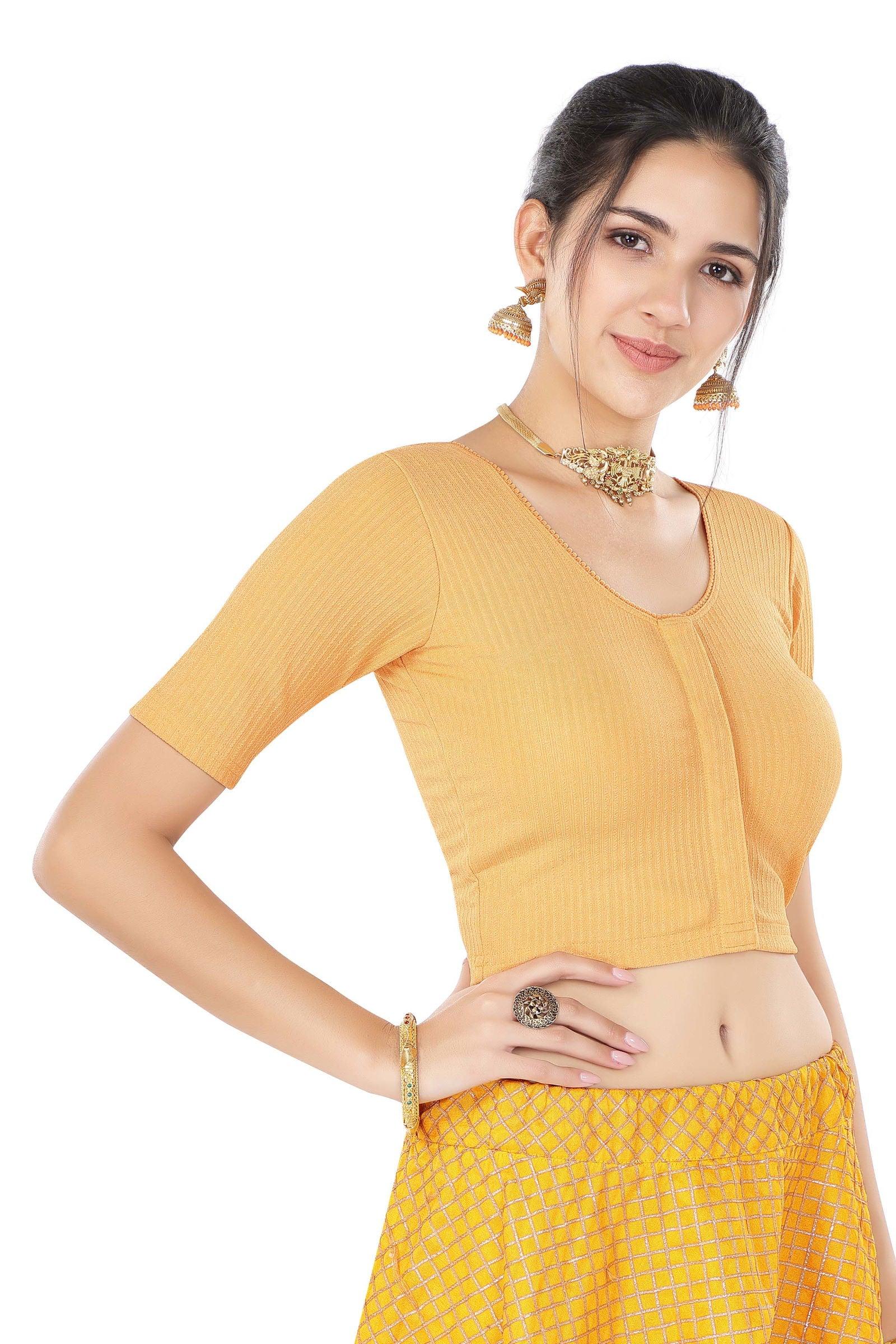 Stay On Trend: Latest Fashion Readymade Blouses for Women,round neckline,front hook closure & elbow  sleeves.11020 