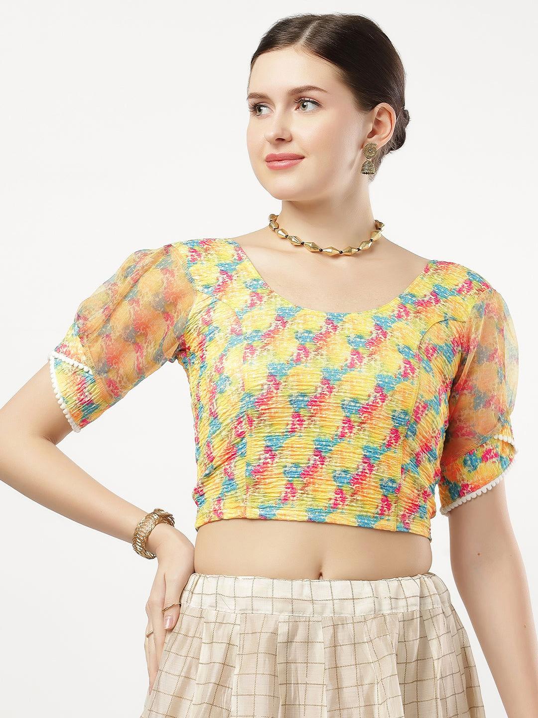 Stay On Trend: Latest Fashion Readymade Blouses for Women,round neckline in digitally printed fabric,digitally printed  organza balloon sleeves.20050 