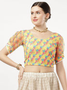 Stay On Trend: Latest Fashion Readymade Blouses for Women,round neckline in digitally printed fabric,digitally printed  organza balloon sleeves.20050 