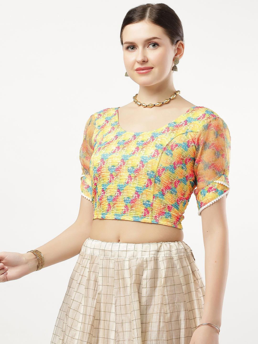 Stay On Trend: Latest Fashion Readymade Blouses for Women,round neckline in digitally printed fabric,digitally printed  organza balloon sleeves.20050 