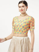 Stay On Trend: Latest Fashion Readymade Blouses for Women,round neckline in digitally printed fabric,digitally printed  organza balloon sleeves.20050 