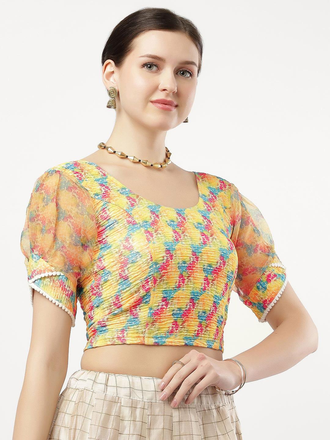 Stay On Trend: Latest Fashion Readymade Blouses for Women,round neckline in digitally printed fabric,digitally printed  organza balloon sleeves.20050 